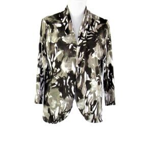 Jacket Blazer Open Front Collarless Floral Print Green Women's Size Medium